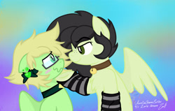 Size: 3300x2097 | Tagged: safe, artist:raspberrystudios, oc, oc only, oc:robiin, pegasus, pony, bell, bell collar, clothes, collar, female, lesbian, lifting chin, love, oc x oc, peridot (steven universe), romance, shipping, socks, steven universe, striped socks