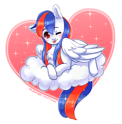 Size: 1280x1306 | Tagged: safe, artist:mishmash-mod, oc, oc only, oc:ocean bird, pegasus, pony, blushing, chest fluff, cloud, heart, one eye closed, raspberry, solo, tongue out, wink