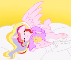 Size: 3577x3000 | Tagged: safe, artist:raspberrystudios, oc, oc only, oc:aurelia charm, alicorn, cat, pony, alicorn oc, aureliabetes, clothes, cute, kitten, on back, pajamas, pillow, relaxing, sleeping, solo, spread wings