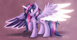 Size: 2100x1100 | Tagged: safe, artist:shad0w-galaxy, derpibooru import, twilight sparkle, twilight sparkle (alicorn), alicorn, pony, alternate design, cheek fluff, chest fluff, female, smiling, solo, spread wings, wings