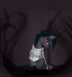 Size: 1131x1200 | Tagged: safe, artist:wulfanite, oc, oc only, oc:012468, pony, edgy, glowing eyes, magic, prisoner, red eyes, shadow