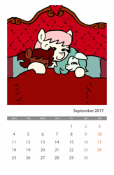 Size: 1600x2450 | Tagged: safe, artist:ficficponyfic, color edit, edit, edited edit, oc, oc only, oc:emerald jewel, oc:hope blossoms, oc:ruby rouge, earth pony, pony, adult, bed, bedroom, blanket, calendar, child, color, colored, colt, colt quest, cuddling, cute, eyes closed, female, filly, foal, hair over one eye, heart, male, mare, nuzzling, pillow, smiling, snuggling, text