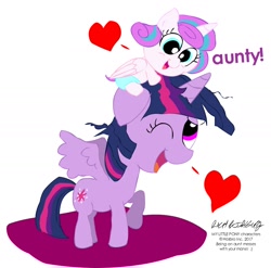 Size: 1740x1717 | Tagged: safe, artist:newportmuse, princess flurry heart, twilight sparkle, twilight sparkle (alicorn), alicorn, pony, aunt and niece, auntie twilight, cute, flurrybetes, heart, messy mane, pony hat, signature, simple background, white background