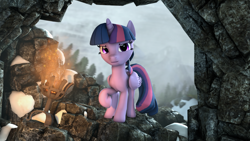 Size: 4000x2250 | Tagged: safe, artist:redaceofspades, twilight sparkle, twilight sparkle (alicorn), alicorn, pony, 3d, cave, looking at you, looking in, skyrim, snow, solo, source filmmaker, the elder scrolls, torch