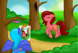 Size: 4669x3195 | Tagged: safe, artist:raspberrystudios, oc, oc only, oc:adorabubble, oc:tamey, earth pony, pegasus, pony, absurd resolution, art trade, canvas, forest, painting, shading, spread wings, tree, woodlands