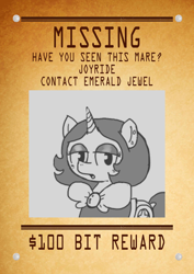 Size: 2480x3508 | Tagged: safe, artist:ficficponyfic, edit, oc, oc only, oc:joyride, pony, unicorn, clothes, colt quest, ear piercing, eyeshadow, female, horn, makeup, mantle, mare, missing pony, piercing, poster, solo, text