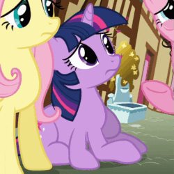 Size: 501x501 | Tagged: safe, derpibooru import, screencap, fluttershy, pinkie pie, twilight sparkle, earth pony, pegasus, pony, unicorn, wonderbolts academy, animated, blinking, cropped, cute, female, frown, gif, looking at something, looking up, loop, mare, ponyville, raised eyebrow, raised hoof, sad, sitting, solo focus, worried