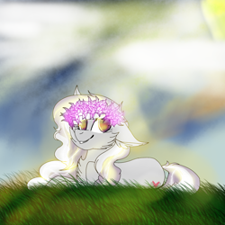 Size: 2560x2560 | Tagged: safe, artist:brokensilence, oc, oc only, oc:angel heart, pony, floral head wreath, flower, meadow, solo, sun