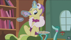 Size: 1366x768 | Tagged: safe, screencap, dandy grandeur, pony, snake, fluttershy leans in, animal, bowtie, butler, cup, drinking, food, magic, raised eyebrow, rupert, sandwich, teacup, telekinesis, tray