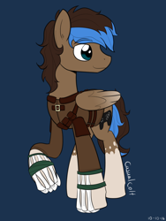 Size: 1200x1600 | Tagged: safe, artist:casualcolt, oc, oc only, oc:playthrough, pegasus, pony, adventure, bone, controller, leather armor, looking away, male, smiling, solo, stallion, straps