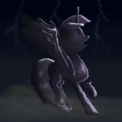 Size: 2548x2548 | Tagged: safe, artist:moonatik, derpibooru import, twilight sparkle, twilight sparkle (alicorn), alicorn, my little pony: the movie, bad end, dust, lightning, petrification, raised hoof, scared, smoke, solo, spread wings, surprised, wings