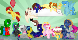 Size: 6300x3300 | Tagged: safe, artist:raspberrystudios, oc, oc only, oc:angel cake, oc:ares, oc:ashton origans, oc:aurelia charm, oc:center stage, oc:midnight eclipse, oc:penny, oc:rainy spark, oc:reuben, oc:siren skye, oc:twilight moon, alicorn, dragon, earth pony, pegasus, pony, unicorn, absurd resolution, alicorn oc, balloon, cake, cloud, food, group, group party, happy, prize, raffle, shading