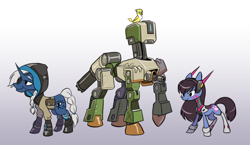 Size: 1280x740 | Tagged: safe, artist:calicopikachu, bird, earth pony, pony, robot, robot pony, unicorn, ana amari, bastion (overwatch), braid, braided tail, d.va, eyepatch, ganymede (overwatch), gradient background, gray background, gun, minigun, overwatch, ponified, simple background, video game, weapon