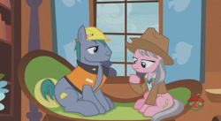 Size: 844x462 | Tagged: safe, screencap, hard hat (character), wrangler, pony, fluttershy leans in