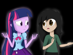 Size: 4000x3000 | Tagged: safe, artist:vicakukac200, twilight sparkle, oc, equestria girls, absurd resolution, clothes, concerned, duo, equestria girls-ified, looking at each other, pleated skirt, shirt, skirt