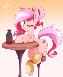 Size: 1790x2201 | Tagged: safe, artist:akainu_pony, oc, oc only, oc:cheers, bottle, chair, drink, gradient background, one eye closed, sitting, solo, table, wink