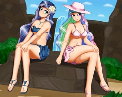 Size: 2217x1775 | Tagged: safe, artist:focusb, derpibooru import, princess celestia, princess luna, human, bikini, breasts, clothes, feet, female, humanized, royal sisters, sandals, sitting, smiling, swimsuit