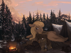 Size: 1600x1200 | Tagged: safe, artist:celestiawept, oc, oc only, oc:hard cider, pegasus, pony, campfire, couple, duo, ear piercing, fire, forest, hoof hold, hug, mug, nose piercing, nose ring, piercing, pot, snow, tent, winghug, winter