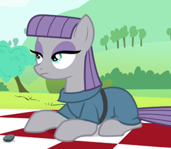 Size: 437x380 | Tagged: safe, screencap, boulder (pet), maud pie, pony, maud pie (episode), cropped, picnic blanket, solo