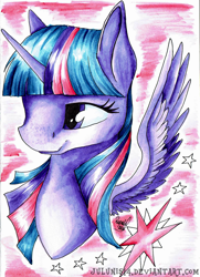 Size: 1024x1416 | Tagged: safe, artist:julunis14, twilight sparkle, twilight sparkle (alicorn), alicorn, pony, bust, cute, female, mare, portrait, smiling, solo, traditional art