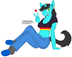 Size: 5892x4700 | Tagged: safe, artist:nxgnetwork, oc, oc only, oc:esmeralda, anthro, unguligrade anthro, unicorn, absurd resolution, anthro oc, belly button, breasts, cleavage, clothes, female, heart, midriff, one eye closed, short shirt, simple background, solo, transparent background, wink