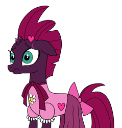 Size: 1843x1924 | Tagged: safe, artist:eagc7, derpibooru import, fizzlepop berrytwist, tempest shadow, pony, unicorn, my little pony: the movie, bow, broken horn, clothes, dress, embarrassed, eye scar, female, floppy ears, flower, frown, heart, horrified, mare, pretty pretty tempest, sad, scar, scar on the wrong side, simple background, skirt, solo, tail bow, tomboy taming, transparent background