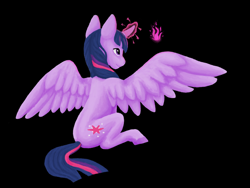 Size: 1024x772 | Tagged: safe, artist:believeinshadows, twilight sparkle, twilight sparkle (alicorn), alicorn, pony, black background, female, glowing horn, magic, mare, rear view, simple background, sitting, solo, spread wings, wings