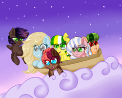 Size: 5000x4000 | Tagged: safe, artist:luciusheart, oc, oc only, oc:evening howler, oc:kelly, oc:lyric, oc:rose wend, oc:ruef, oc:star stitcher, pony, absurd resolution, birthday gift, cloud, cute, night, night sky, sailing, sky