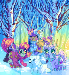 Size: 600x650 | Tagged: safe, artist:njeekyo, apple bloom, scootaloo, sweetie belle, clothes, cute, cutie mark, cutie mark crusaders, forest, hat, scarf, snow, snowpony, socks, striped socks, sweater, the cmc's cutie marks, tongue out, winter outfit