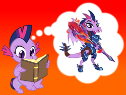 Size: 1347x1019 | Tagged: safe, artist:punzil504, twilight sparkle, twilight sparkle (alicorn), alicorn, dragon, pony, alternate universe, armor, bloodstone scepter, book, daydream, dragoness, dragonified, female, older, orange background, simple background, species swap, twilidragon