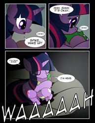 Size: 1275x1650 | Tagged: safe, artist:dsana, spike, twilight sparkle, dragon, pony, comic:to look after, comforting, comic, crying, hug, mama twilight, nightmare, sleeping