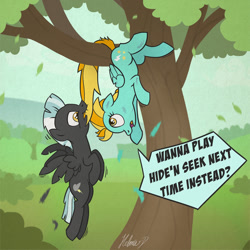 Size: 1024x1024 | Tagged: safe, artist:helmie-art, lightning dust, thunderlane, pegasus, pony, biting, bruised, male, nom, shipping, smiling, straight, tail bite, thunderdust, tree