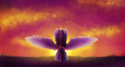 Size: 1024x554 | Tagged: safe, artist:nomearts, twilight sparkle, twilight sparkle (alicorn), alicorn, pony, solo, spread wings, sunset, watermark