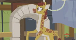 Size: 1366x724 | Tagged: safe, screencap, clementine, giraffe, fluttershy leans in, raised hoof, solo, treehouse logo