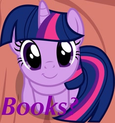 Size: 1151x1229 | Tagged: safe, artist:badumsquish, edit, part of a set, twilight sparkle, unicorn, badumsquish's kitties, book, bookhorse, bronybait, cute, female, happy, looking at you, meme, purple, purple text, sitting, smiling, solo, text, that pony sure does love books, twiabetes