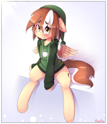 Size: 2000x2300 | Tagged: safe, artist:hoodie, oc, oc only, oc:mocha latte, pegasus, pony, semi-anthro, blushing, bottomless, clothes, commission, cute, ear fluff, female, hat, hoodie, looking at you, mare, partial nudity, sitting, smiling, solo