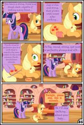 Size: 3254x4837 | Tagged: safe, artist:gutovi, derpibooru import, applejack, twilight sparkle, twilight sparkle (alicorn), alicorn, earth pony, pony, comic:why me!?, absurd resolution, butt touch, comic, feathermarking, golden oaks library, i am an adult, i need an adult, implied twijack, magic, molestation, personal space invasion, spread wings, wingboner