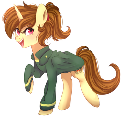 Size: 1024x972 | Tagged: safe, artist:slasharu, oc, oc only, oc:katya ironstead, alicorn, pony, alicorn oc, clothes, female, ponytail, red eyes, solo