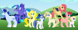 Size: 2549x1000 | Tagged: safe, artist:carouselunique, oc, oc only, oc:avalanche, oc:hot cross buns, oc:phoenix feather, oc:pomme beau, oc:sparkling dawn, oc:stormy nights, oc:sunny days, oc:vespera, earth pony, pegasus, pony, unicorn, magical lesbian spawn, offspring, parent:applejack, parent:big macintosh, parent:cheese sandwich, parent:flash sentry, parent:fluttershy, parent:pinkie pie, parent:prince blueblood, parent:rainbow dash, parent:rarity, parent:soarin', parent:starlight glimmer, parent:sunburst, parent:sunset shimmer, parent:twilight sparkle, parents:canon x oc, parents:cheesepie, parents:flashlight, parents:fluttermac, parents:rarijack, parents:soarindash, parents:sunblood