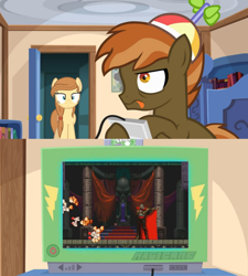 Size: 764x848 | Tagged: safe, button mash, oc, oc:cream heart, pony, bow, button mash plays, button's adventures, delicious fruit, dracula, exploitable meme, hair bow, i wanna be the guy, meme, obligatory pony, the kid, tv meme