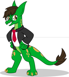 Size: 1024x1137 | Tagged: safe, artist:mlp-trailgrazer, derpibooru import, oc, oc:teric, dragon, bipedal, clothes, dragon oc, glasses, male, necktie, simple background, solo, suit, transparent background