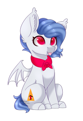 Size: 1387x2021 | Tagged: safe, artist:ohhoneybee, oc, oc only, oc:conspiracy theory, bat pony, pony, bowtie, colored pupils, female, mare, sitting, solo, tongue out