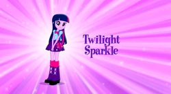 Size: 1323x730 | Tagged: safe, twilight sparkle, equestria girls, backpack, bowtie, clothes, commercial, cute, hands together, leg warmers, looking at you, magic of friendship (equestria girls), music video, purple background, shoes, simple background, skirt, solo, sparkles