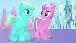 Size: 1266x720 | Tagged: safe, derpibooru import, screencap, bright smile, castle (crystal pony), elbow grease, paradise (crystal pony), spike, crystal pony, dragon, pony, equestria games (episode), background pony, confused, crystal empire, duo, female, looking at each other, male, mare, mouth hold, photo, stallion