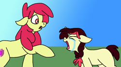 Size: 900x500 | Tagged: safe, artist:zee-stitch, part of a set, apple bloom, oc, oc:arkansas black, crying, female, mother and child, mother and daughter, offspring, parent and child, parent:apple bloom, parent:flim