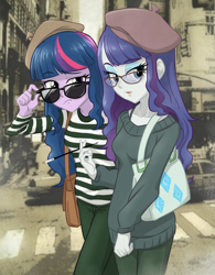 Size: 1000x1280 | Tagged: safe, artist:ta-na, rarity, twilight sparkle, equestria girls, beatnik, beatnik rarity, beret, cigarette, cigarette holder, clothes, duo, france, hat, smoking, sunglasses, sweater