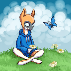 Size: 2500x2500 | Tagged: safe, artist:kovoranu, oc, oc only, oc:kiva, anthro, butterfly, original species, robot, robot pony, unguligrade anthro, calm, clothes, crossed legs, female, flower, hoodie, sitting, smiling, solo