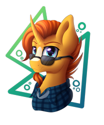 Size: 2500x3000 | Tagged: safe, artist:emberslament, artist:spirit-dude, sunburst, pony, unicorn, collaboration, abstract background, bust, clothes, curved horn, glasses, looking at you, plaid shirt, portrait, shirt, simple background, smiling, solo, sunglasses, transparent background