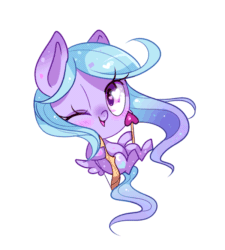 Size: 600x667 | Tagged: safe, artist:ipun, oc, oc only, pegasus, pony, animated, arrow, bow (weapon), bow and arrow, chibi, colored pupils, cupid, female, flying, gif, heart eyes, mare, one eye closed, simple background, solo, transparent background, weapon, wingding eyes, wink