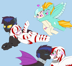 Size: 5246x4876 | Tagged: safe, artist:jolliapplegirl, coco pommel, lightning dust, oc, oc:bugbreath, oc:peppermint swirl, changeling, earth pony, pegasus, pony, zebra, fallout equestria, absurd resolution, bandage, blue background, blue blush, blushing, changeling oc, cocodust, enclave, fallout equestria oc, female, heart, hug, interspecies, kissing, lesbian, on back, prone, purple changeling, shipping, simple background, slave collar, zebrasus